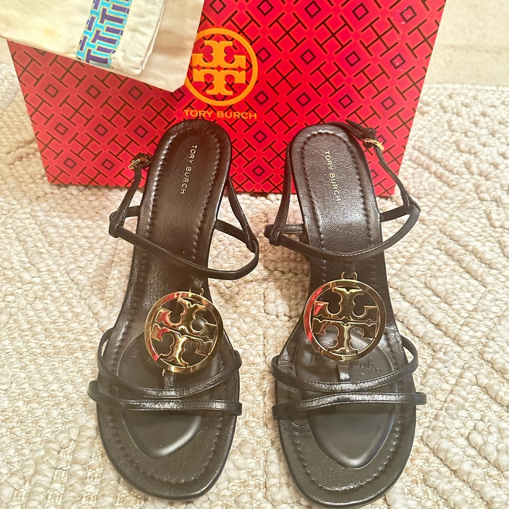 Tory Burch Black Sandals with Gold Medallion
